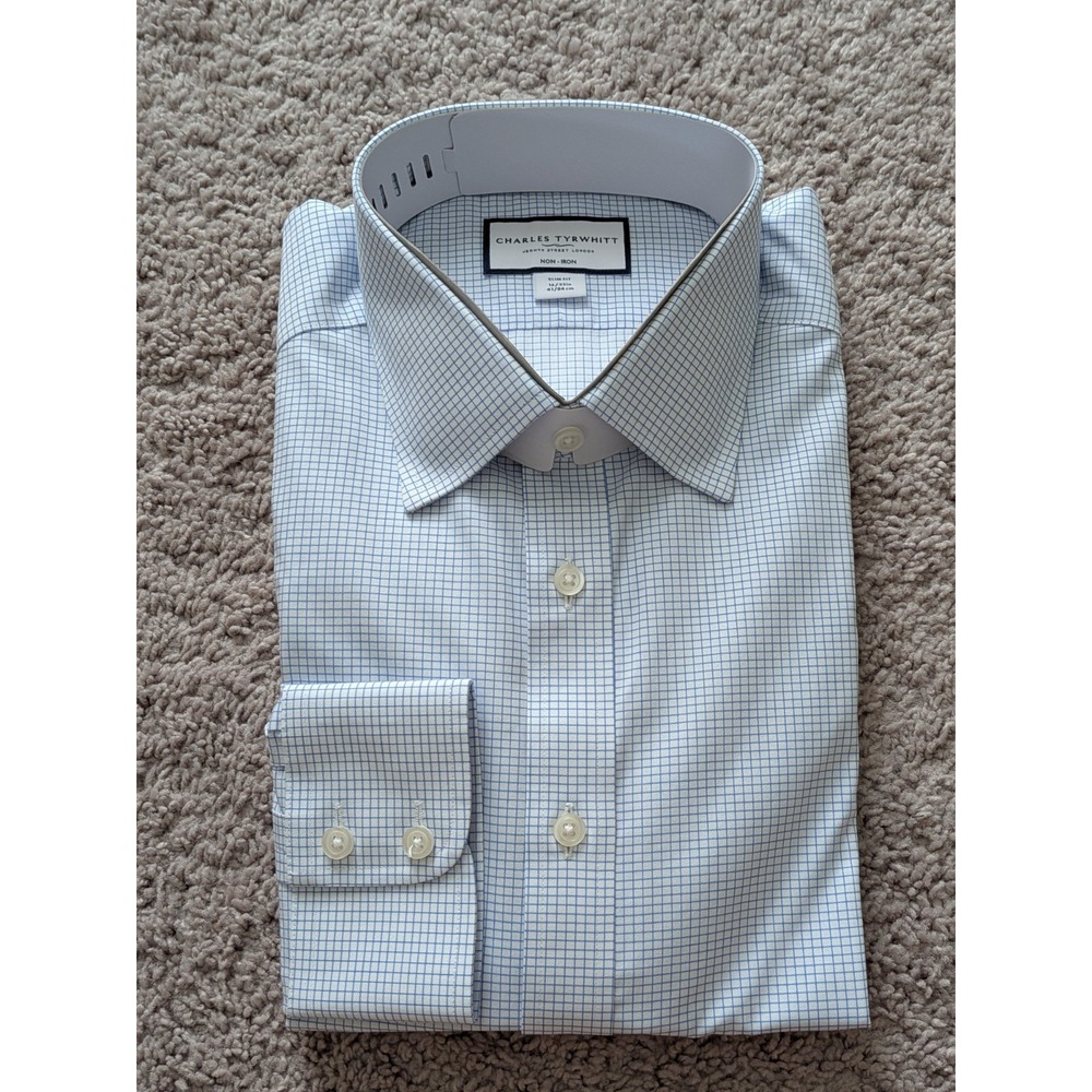 Charles Tyrwhitt Shirt 16/33 Cornflower Blue Mini Grid Check Slim Fit Twill NWT